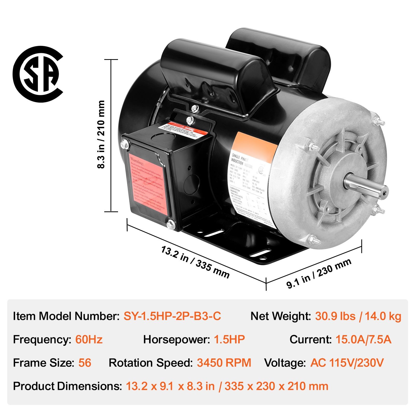 1.5HP Electric Motor 3450 rpm, AC 115V/ 230V, 56 Frame, Air Compressor Motor