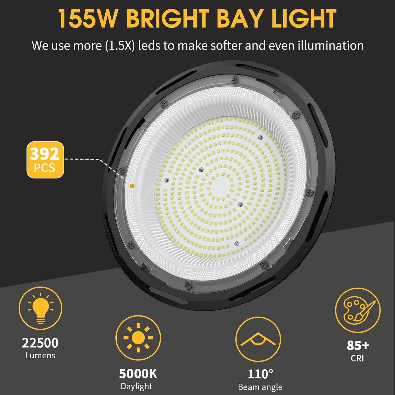 6 Pack Commercial 155W UFO LED High Bay Light, Super Bright 22,500lm, Waterproof