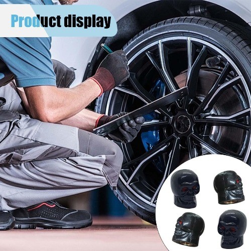 4PCS Skull Style Tire Valve Stem Caps, Antirust Copper Core, Leak Color: Black