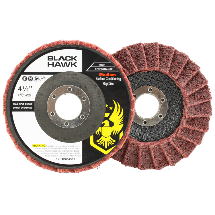 10 Pack – 4-1/2″ x 7/8″ Black Hawk Surface Conditioning Flap Discs, Red – Medium