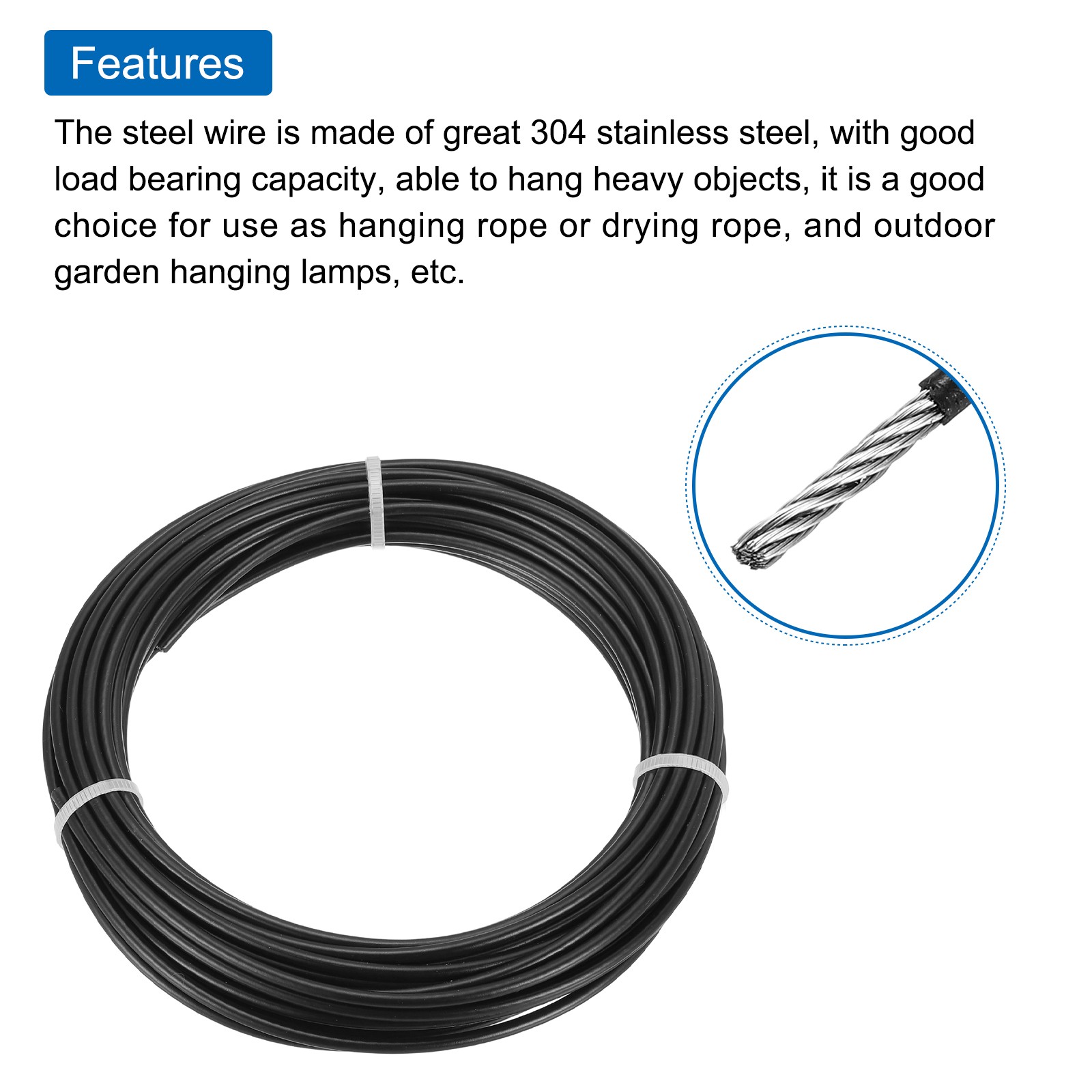 33Ft(10M) Wire Rope Stainless Steel Cable 1/8″ 4pcs Sleeves & Thimble Black