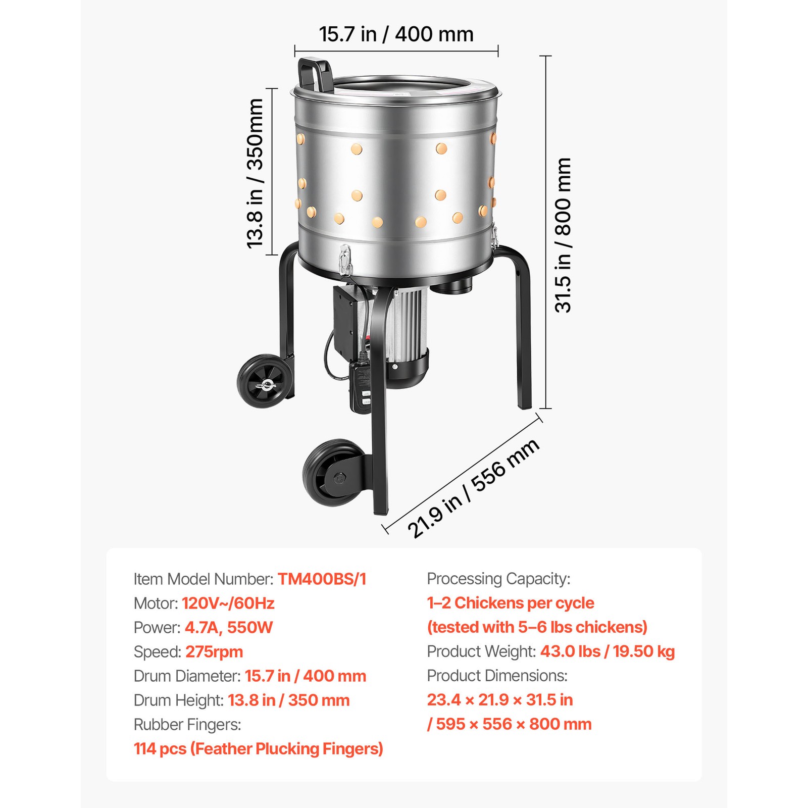 Uimoso 15.7″ Electric Poultry Plucker Machine550W,275RPM,114 Fingers,with Wheels