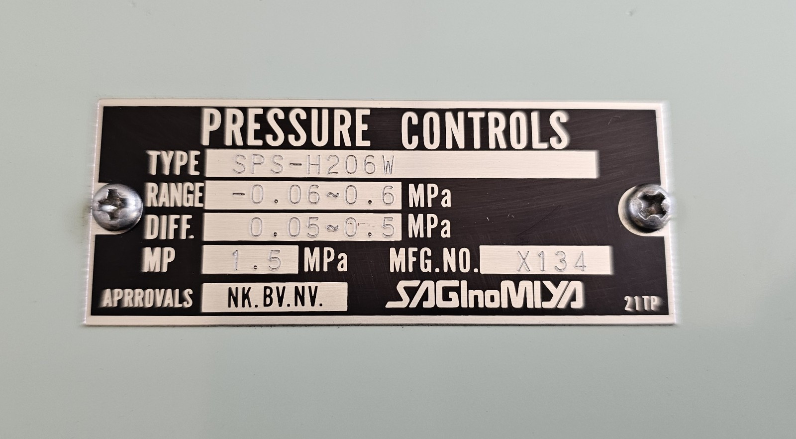 SAGINOMIYA SPS-H206W, PRESSURE SWITCH, -0.06~0.6MPa, 0.05~0.5MPa, MP: 1.5MPa