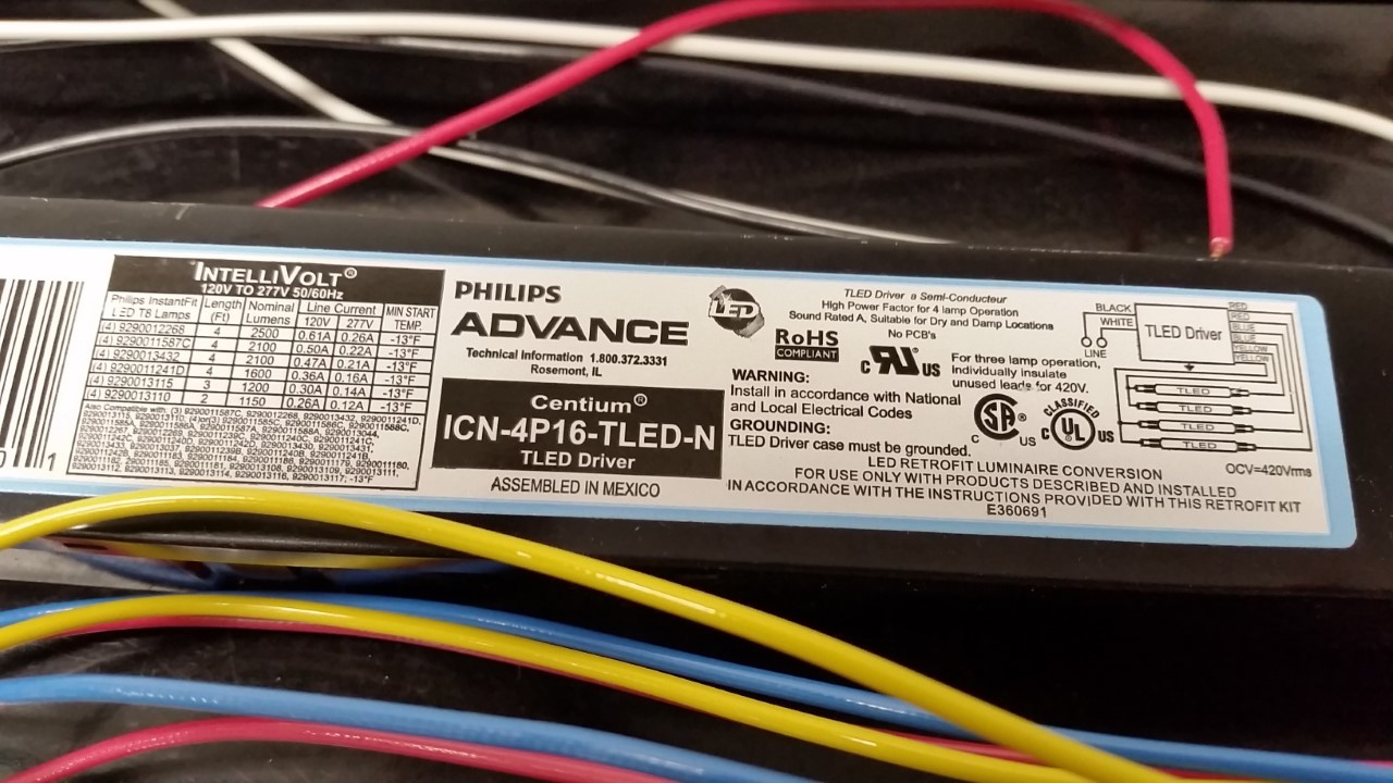 Lot of 2, PHILIPS ADVANCE ICN-4P16-TLED-N LED T8 Driver,120 to 277 VAC, 9-1/2 in