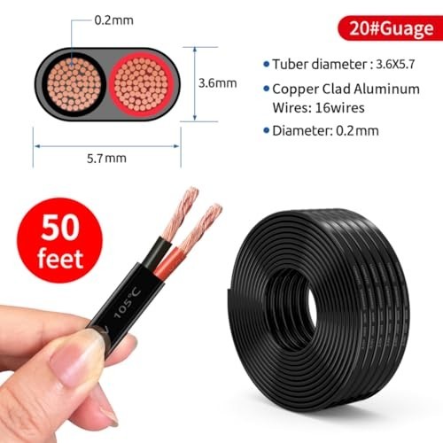 16/50FT 20 Gauge Wire 2 Conductor Electrical Wire 20 AWG Stranded PVC Cord 12V L