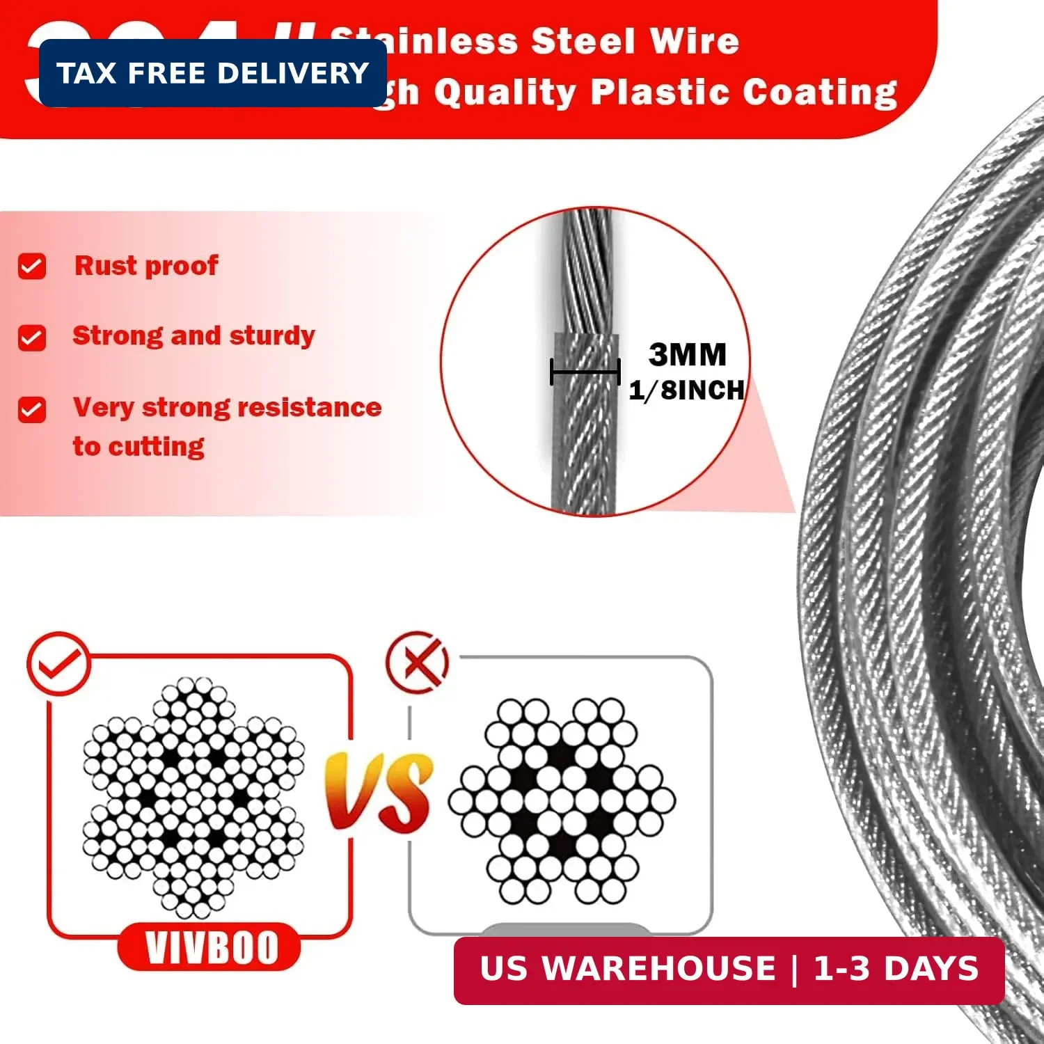 1/8inch Stainless Steel Security Cable 4/6/10/15FT Luggage Lock Safety Wire Flex