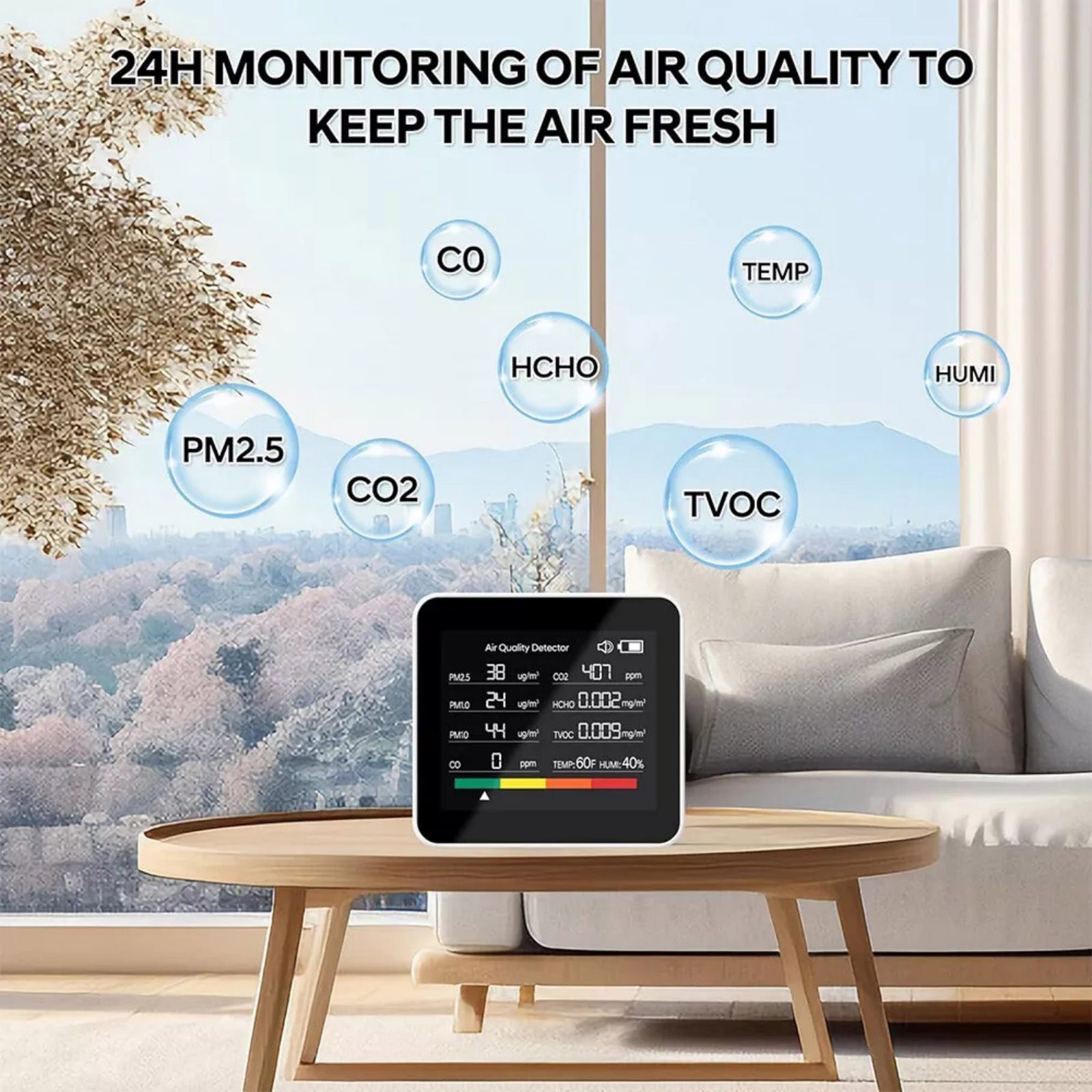 9-in-1 Air Quality Monitor Indoor Carbon Monoxide Detector PM2.5/1.0/10 HCHO