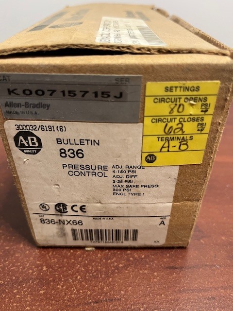 Allen Bradley 836-NX66 PRESSURE CONTROL 4-150 PSI RANGE PRESSURE TYPE 1 ENCL NEW