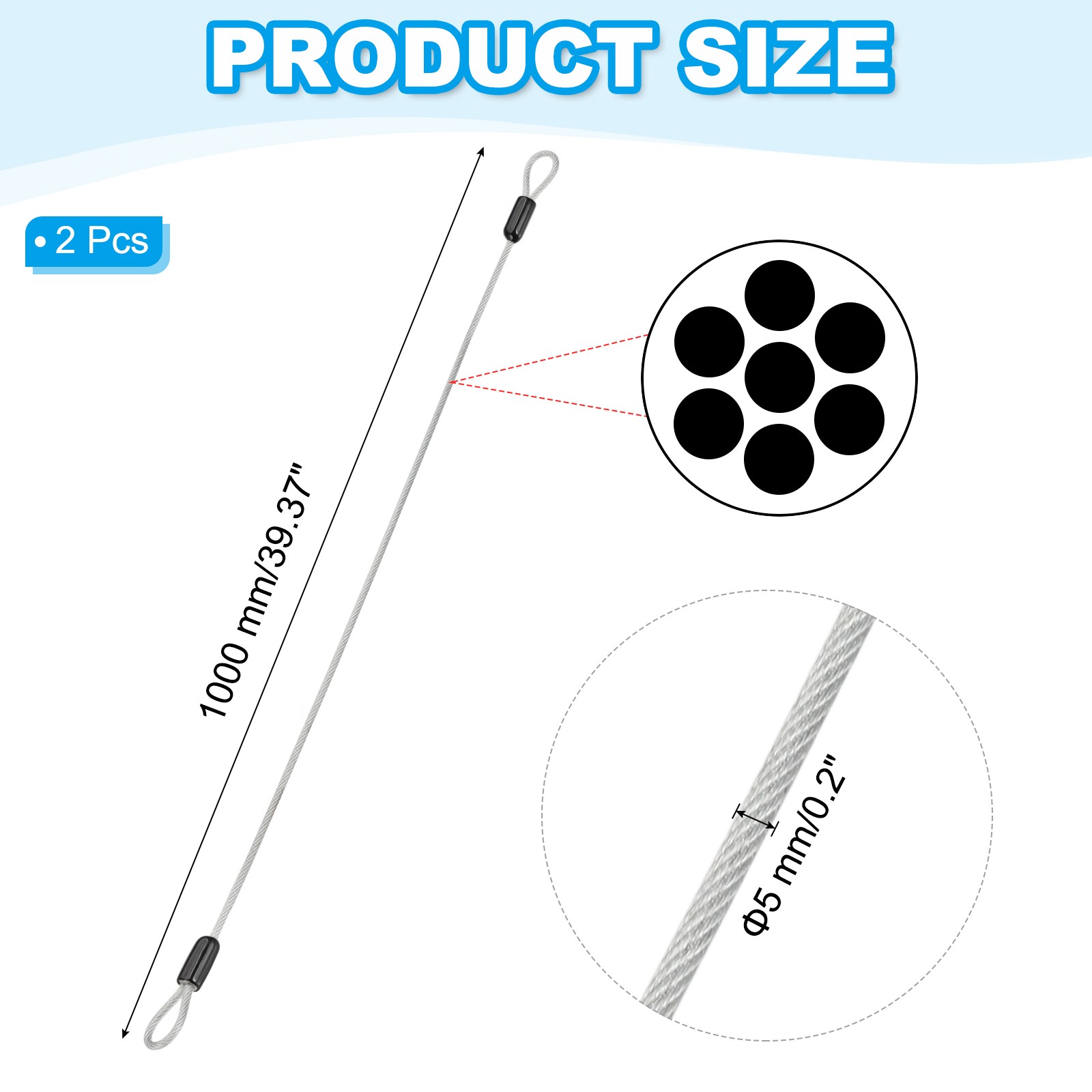 2 Pcs 3/16″ Dia 3 ft (39″) Vinyl Stainless Steel Cable with Loops Clear