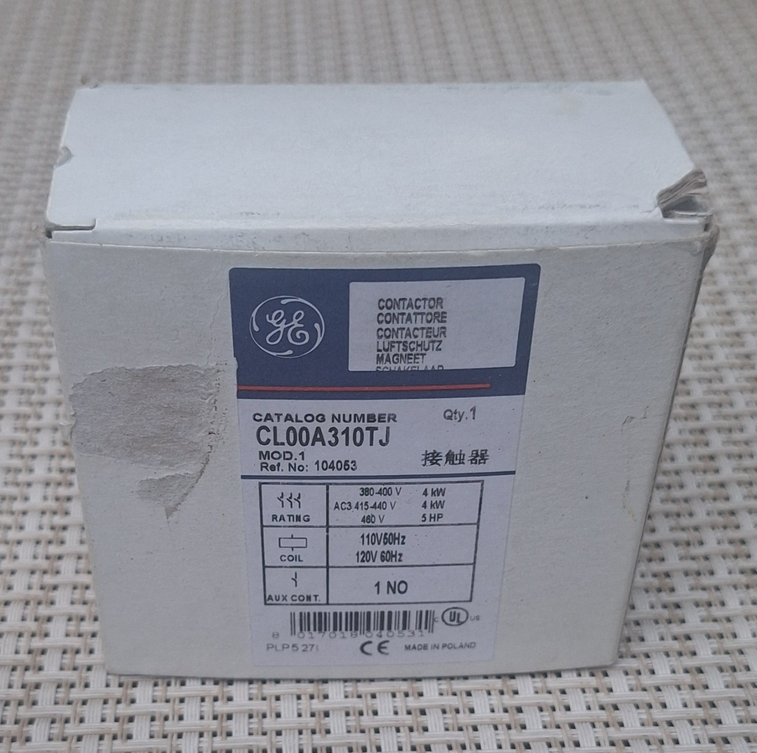 GE CL00A310TJ IEC Contactor 10A 3-Pole 110/120V AC Coil Aux 1NO AC-3