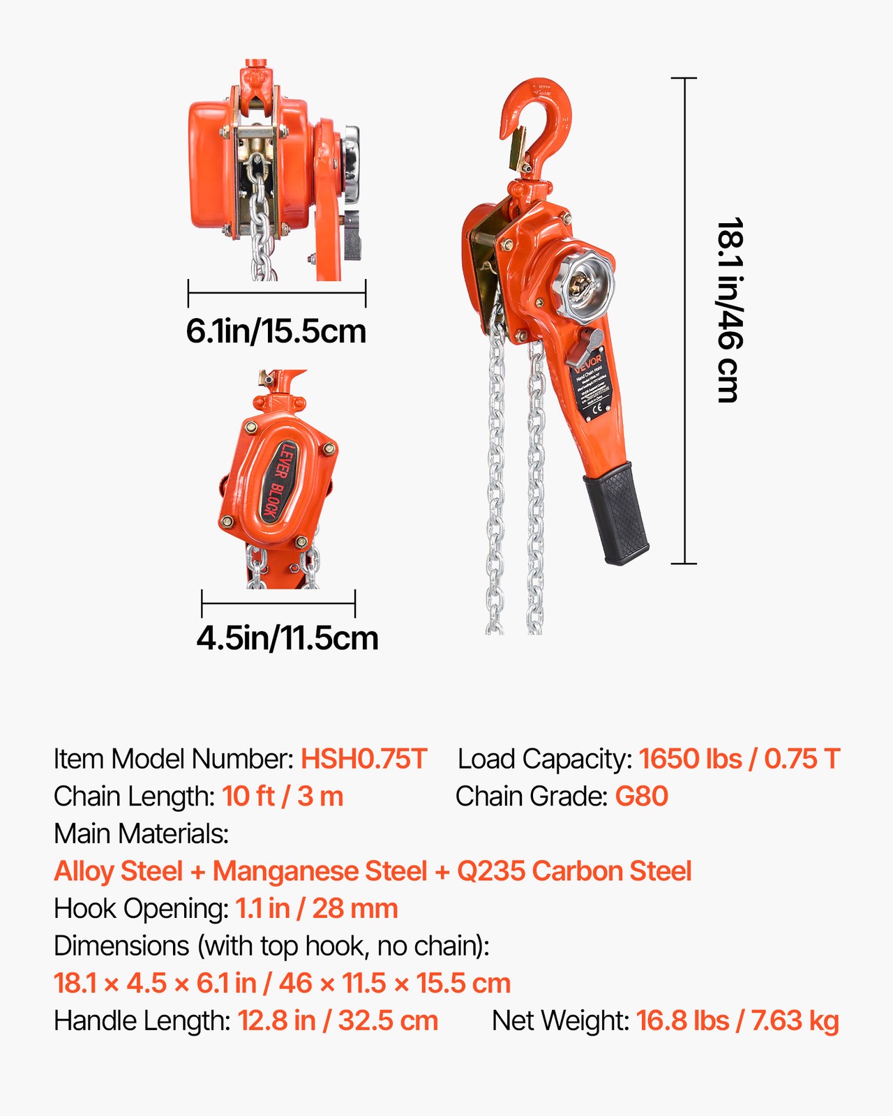 VEVOR Manual Lever Chain Hoist 3/4T 1650lbs 10ft Lift Alloy Steel for Warehouse