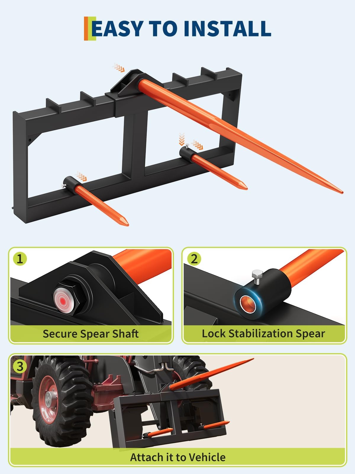 49″ Hay Spear Attachment 3000LBS Quick Attach with Hay Spear & Stabilizer Spears
