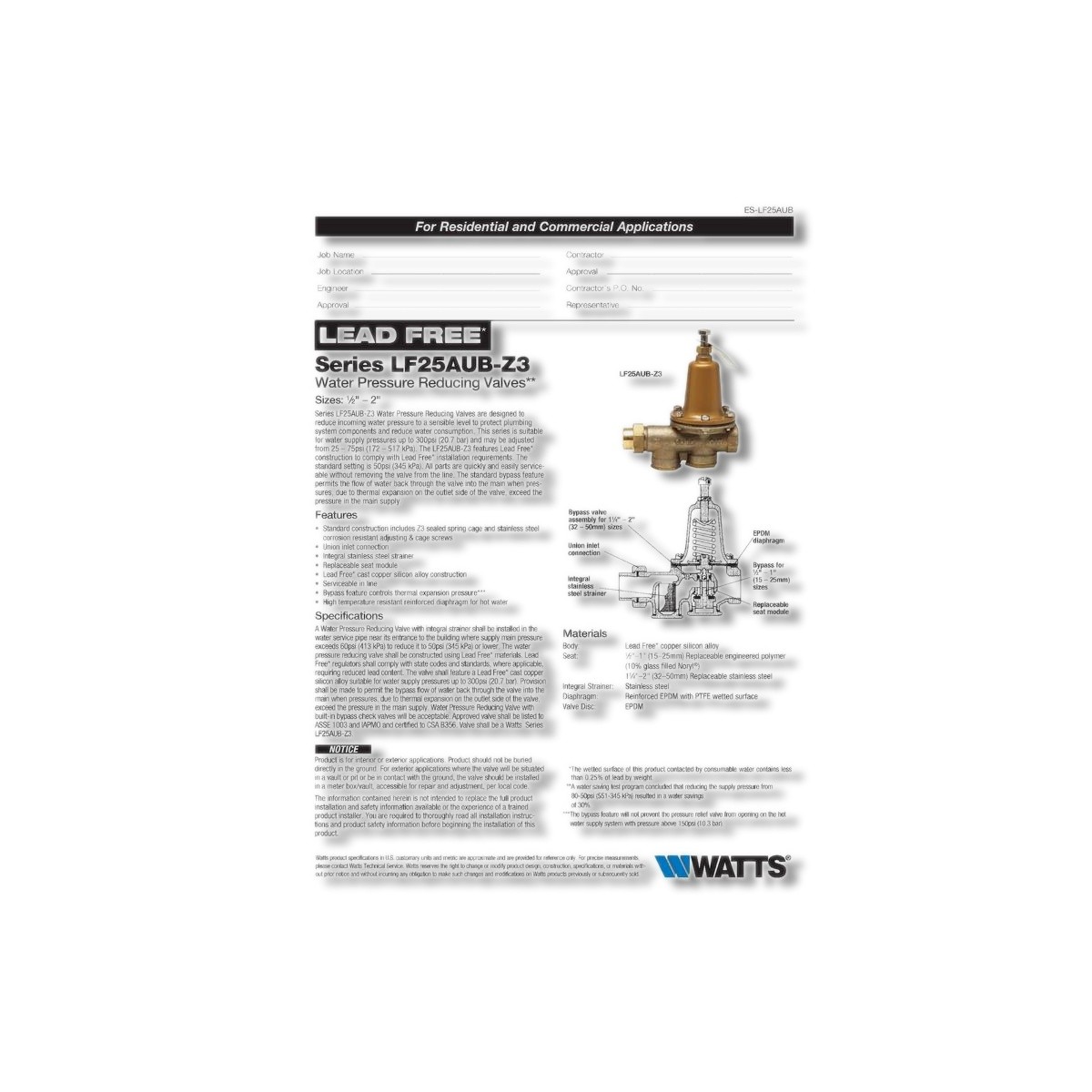 Watts 3/4 in Brass Water Pressure Reducing Valve 3/4 in FNPT LF25AUB-Z3