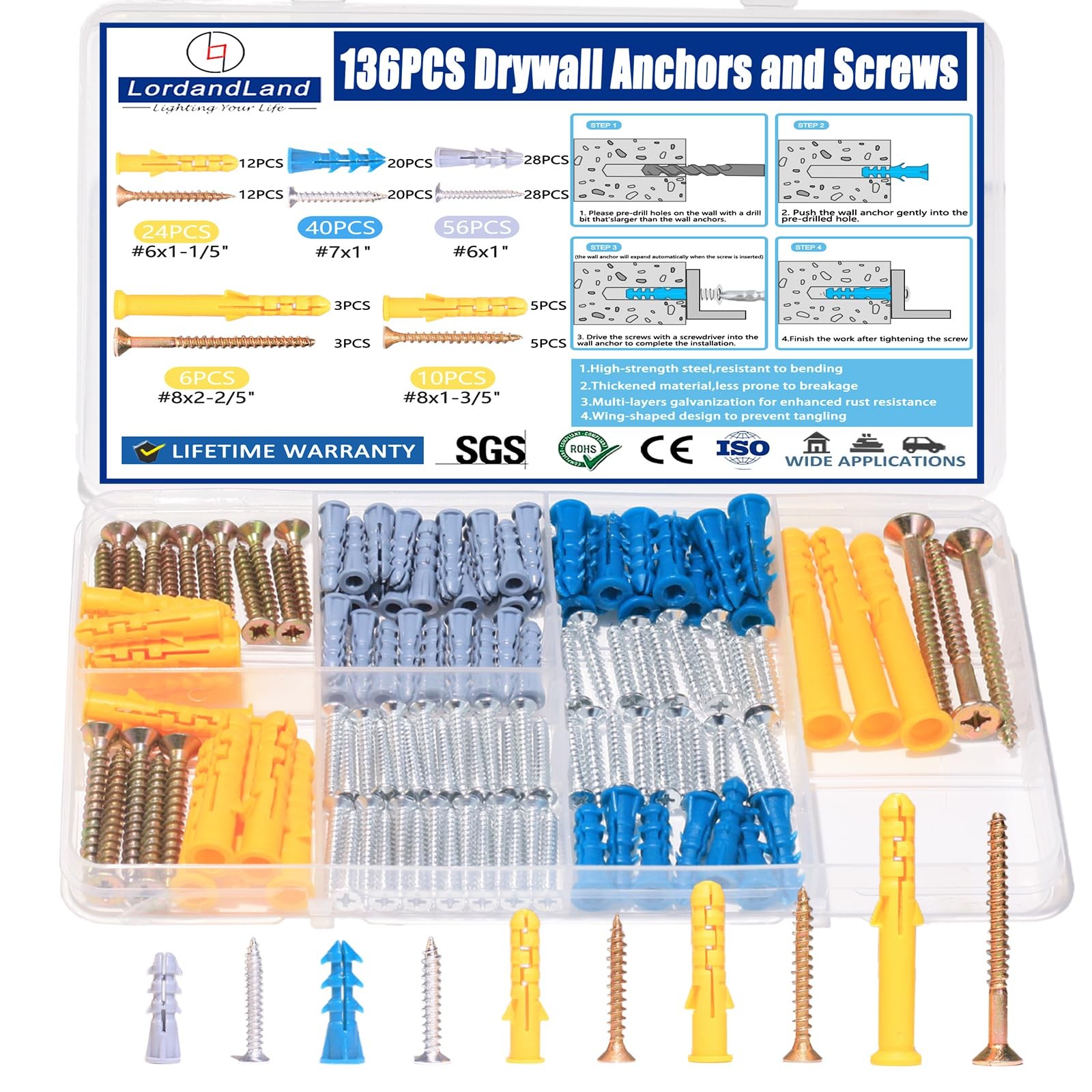 136PCS Drywall Anchors and Screws Assortment Kit, 68Plastic Yellow Blue Gray