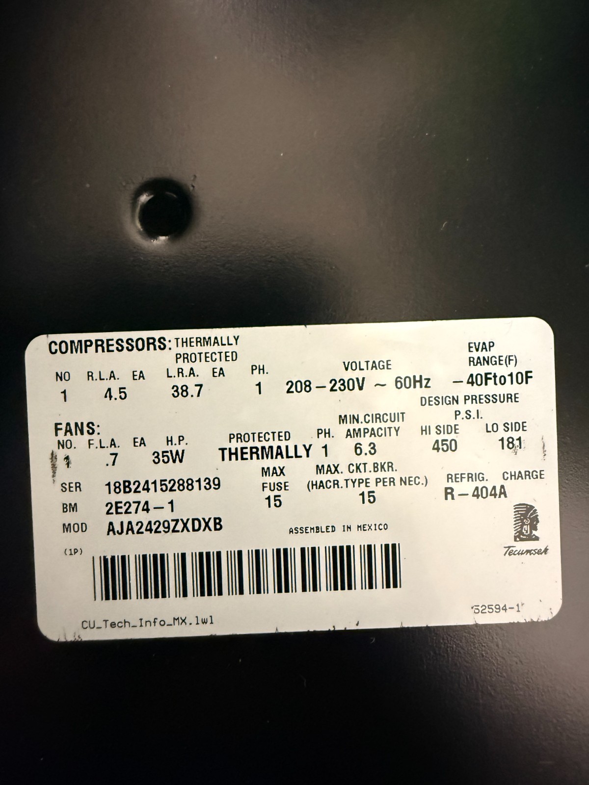 OMNITEAM/TECUMSEH COND-UNIT-AJA2429-ZXDXB 208.V-1 PH-1/2-HP- R404A- INDOOR- NEW