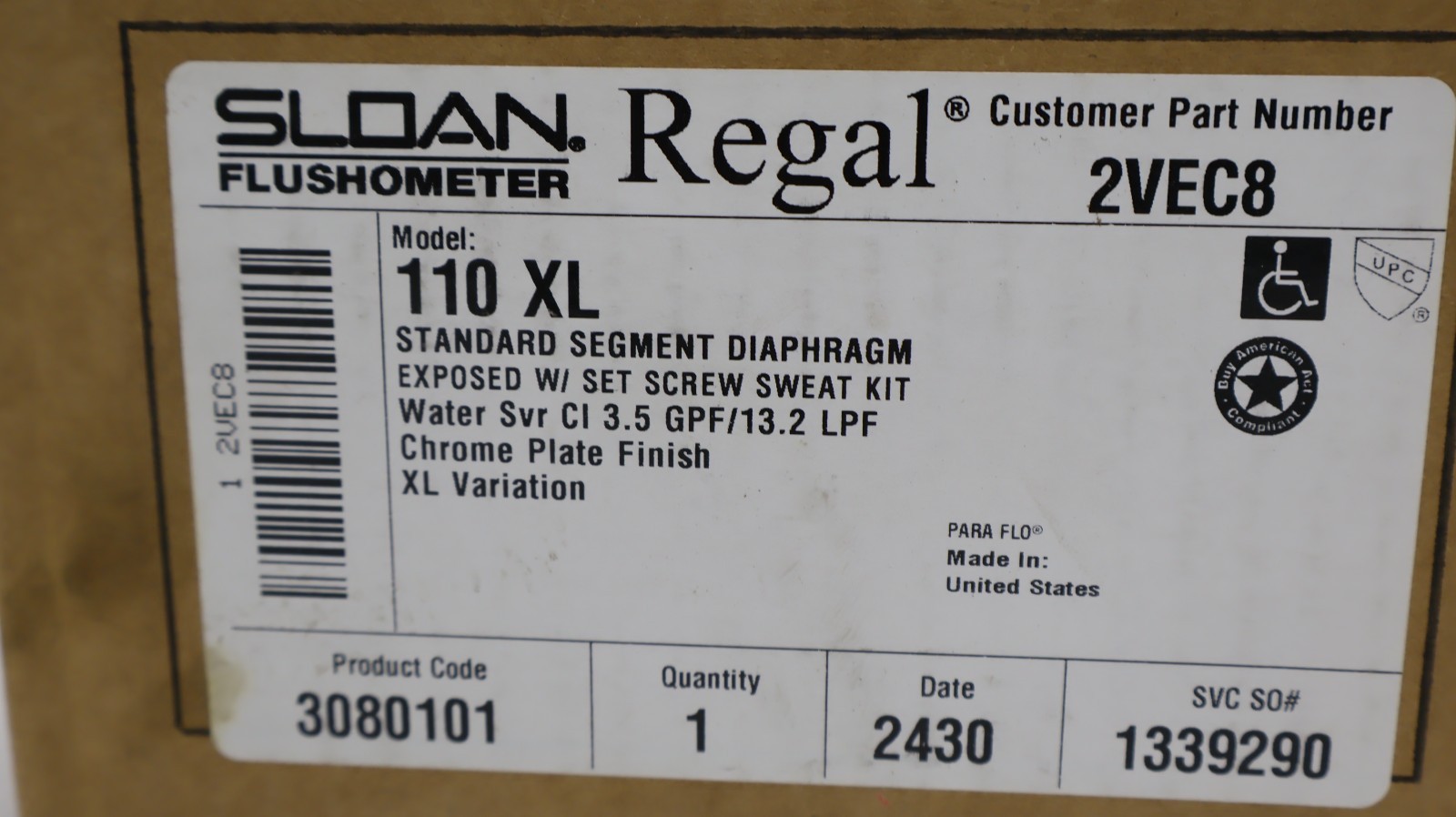 Sloan Regal 110 XL Flushometer 3.5 GPF Chrome Toilet Flush Valve 3080101 New