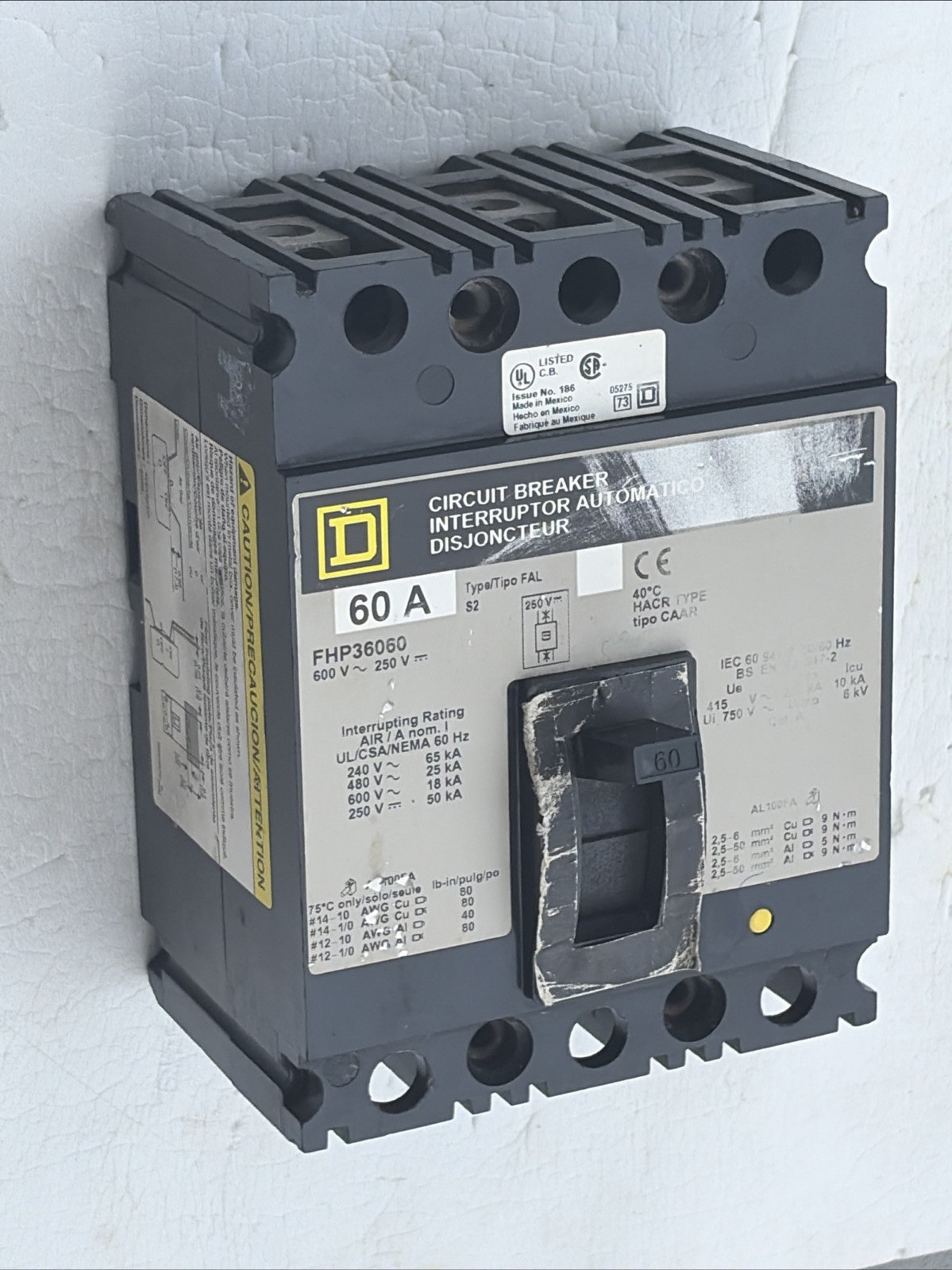 SQUARE D FHP36060 Circuit Breaker 60A, 600 VAC, 3-POLE *GREAT CONDITION*