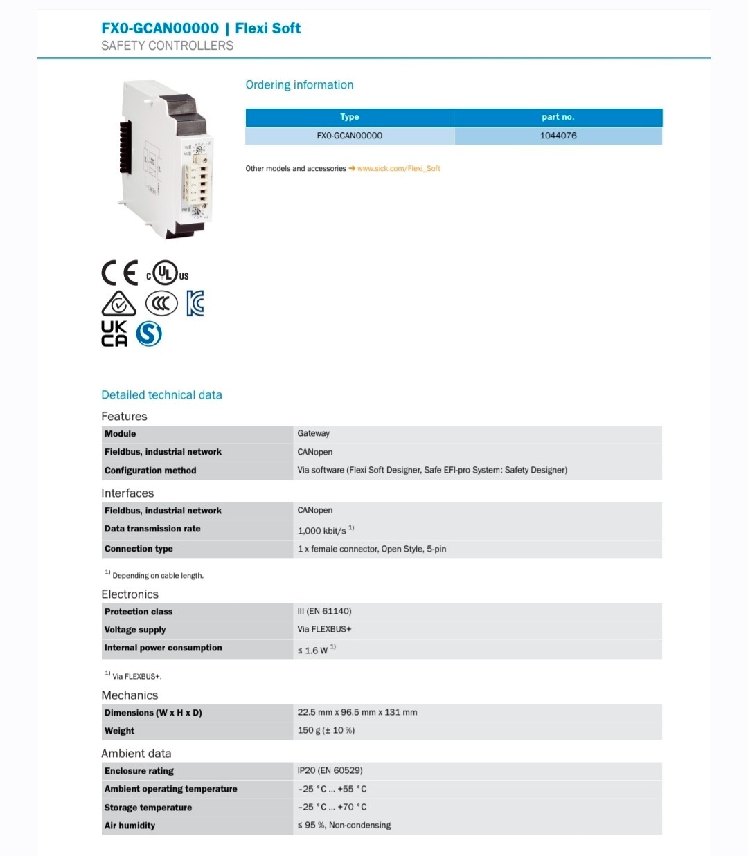 Sick 1044076 FX0-GCAN00000 CANopen Gateway Safety Controller