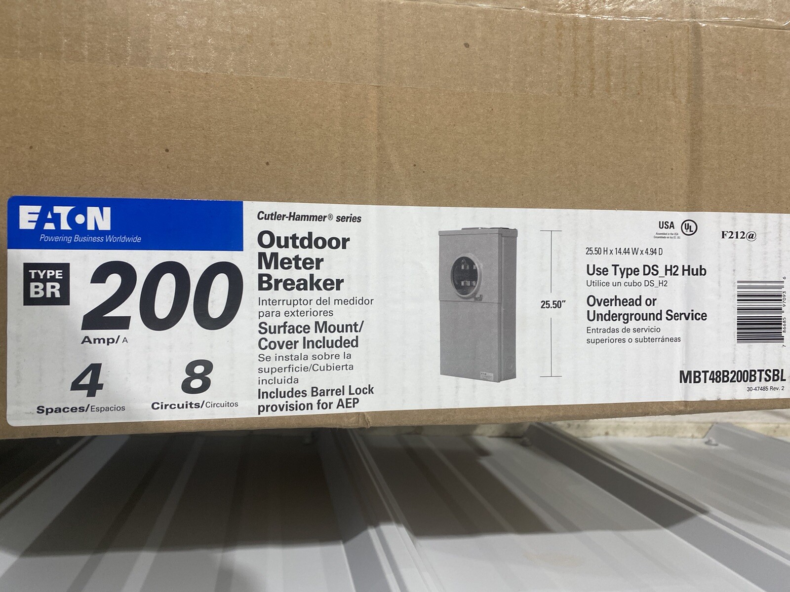 Eaton 200 Amp Outdoor Meter Base Main Breaker Combo + 4 spaces MBT48B200BTSBL