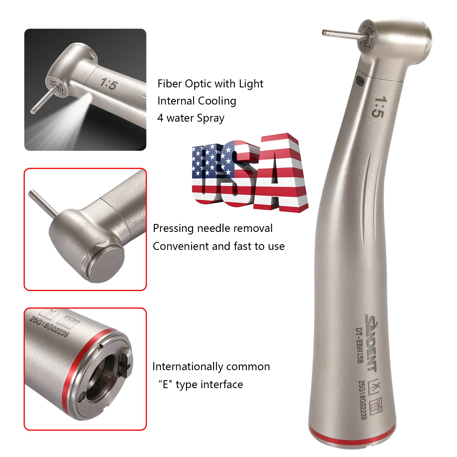 Dental 1:5 Contra Angle Fiber Optic LED Low Speed Handpiece Standard Head