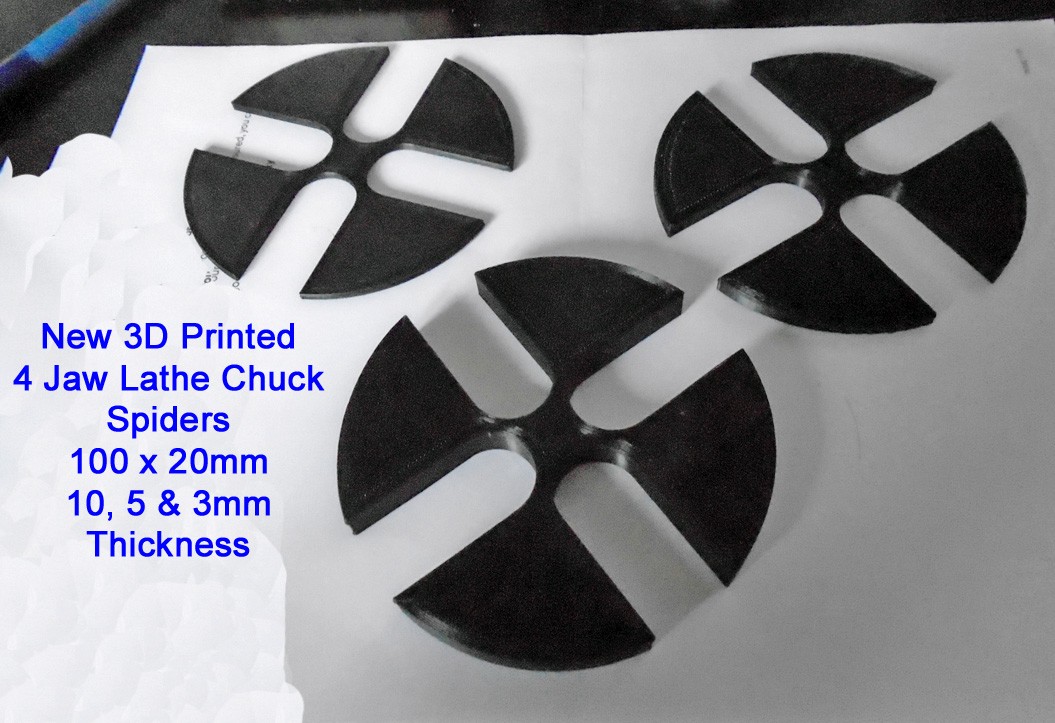 New Set of 4 Jaw, 100 x 20mm 3D Printed Stackable Lathe Spiders 10mm, 5mm & 3mm