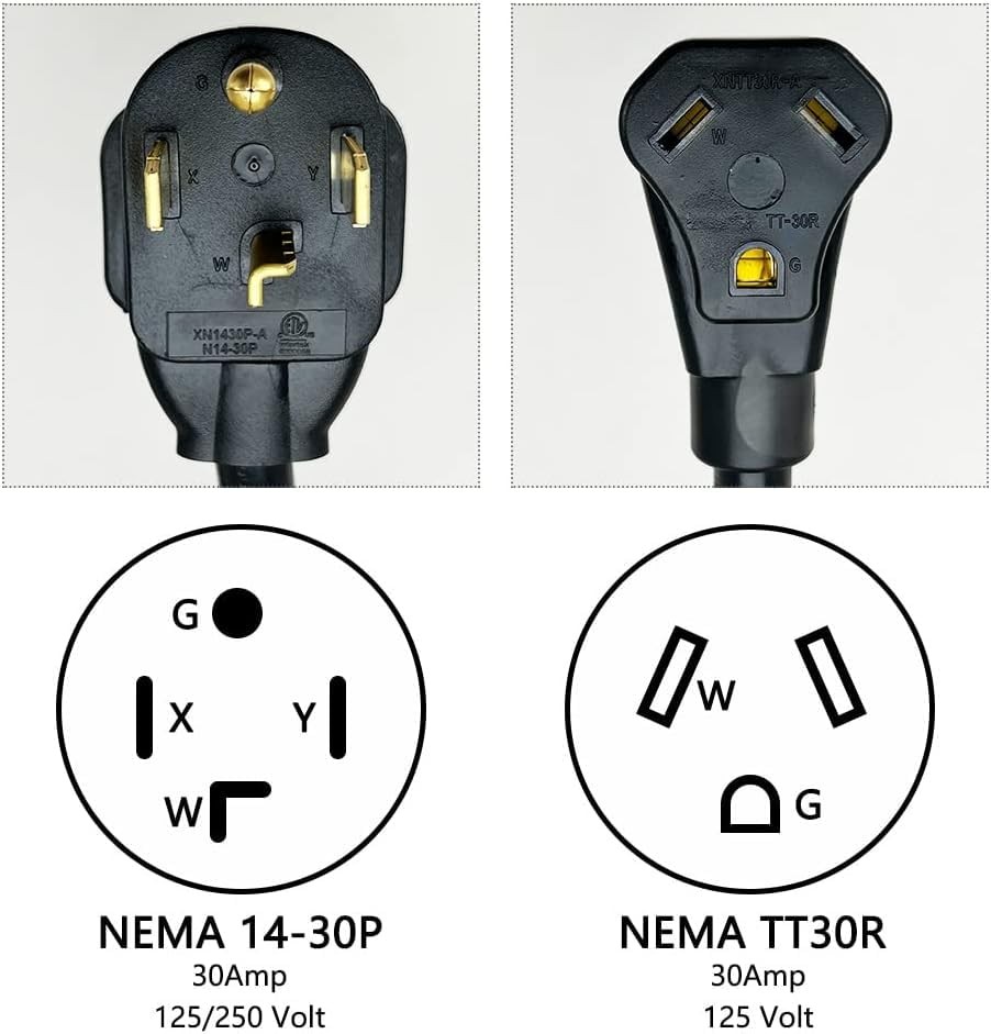 1.5FT NEMA 14-30P to TT-30R RV 30A 125V Dryer Plug to 30A RV Adapter