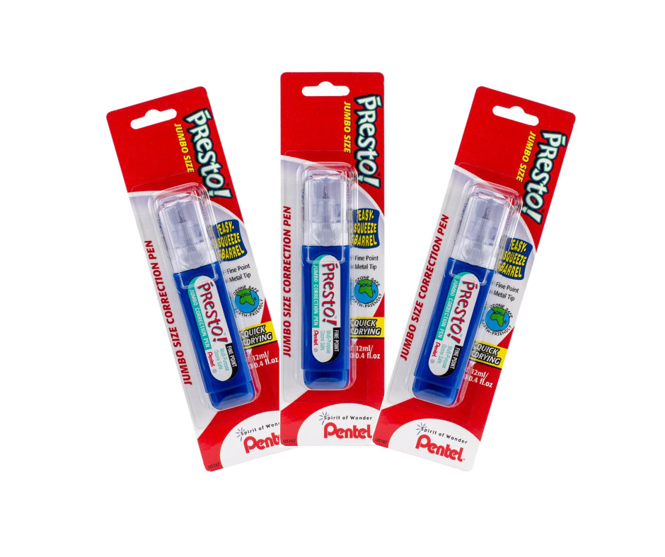 Pentel PRESTO Jumbo Fine Point Correction Pen White Out Metal Tip New, 3 PACK