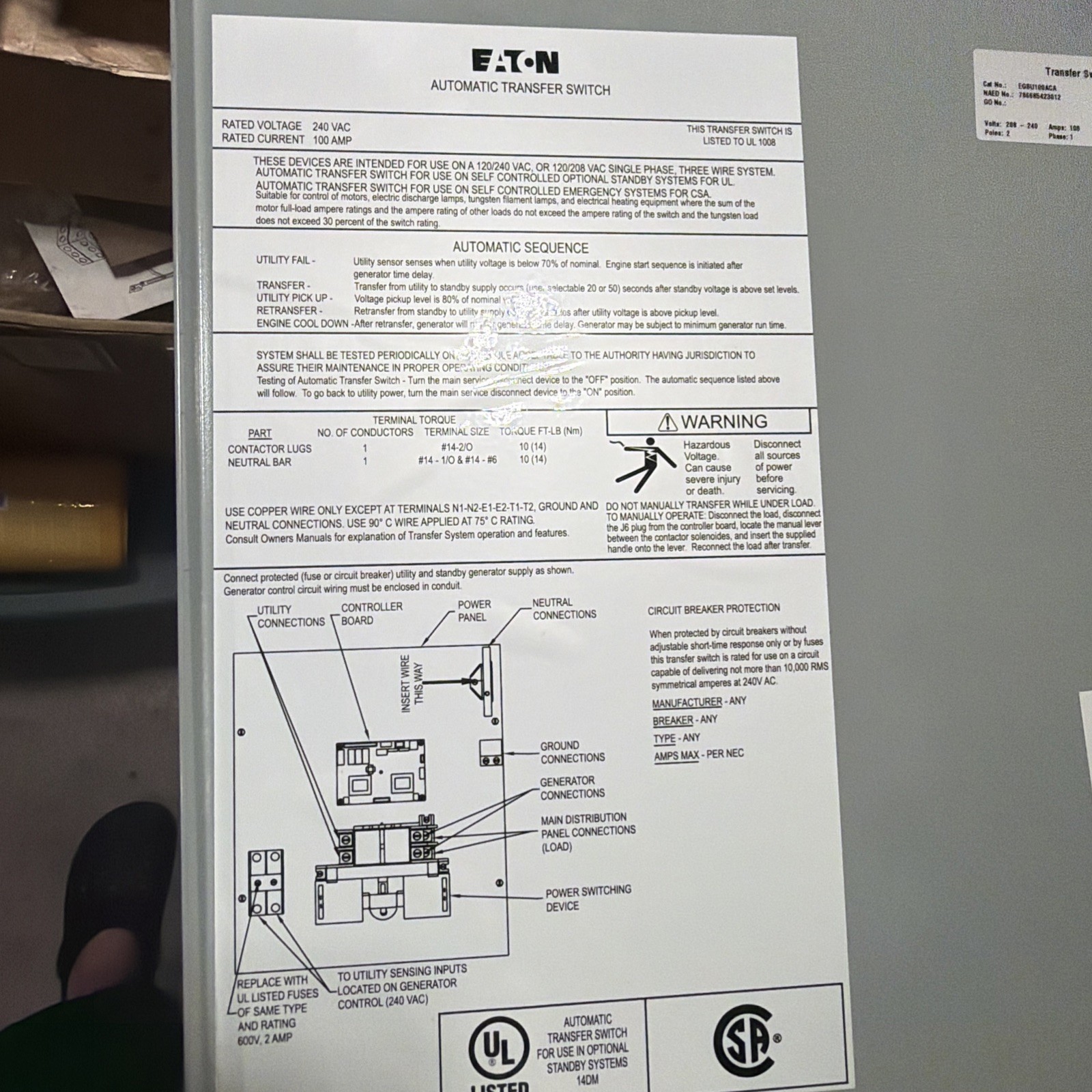 EATON EGSU100NSEACA Automatic Transfer Switch Used Working Takeout See Pics