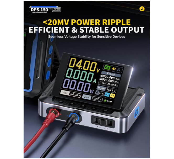 Fuente de energía DC ajustable con rango 0–30 V y 0–5 A, pantalla IPS digital de