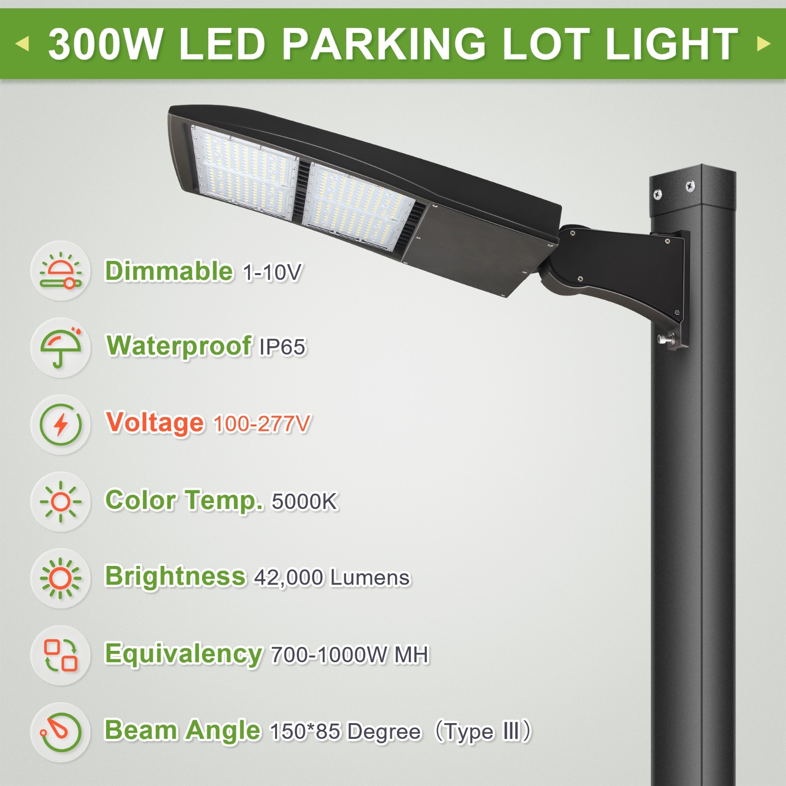 300W LED Shoebox Lights,1000W MH/HPS Equiv. Parking Lot Light Direct Arms Mount