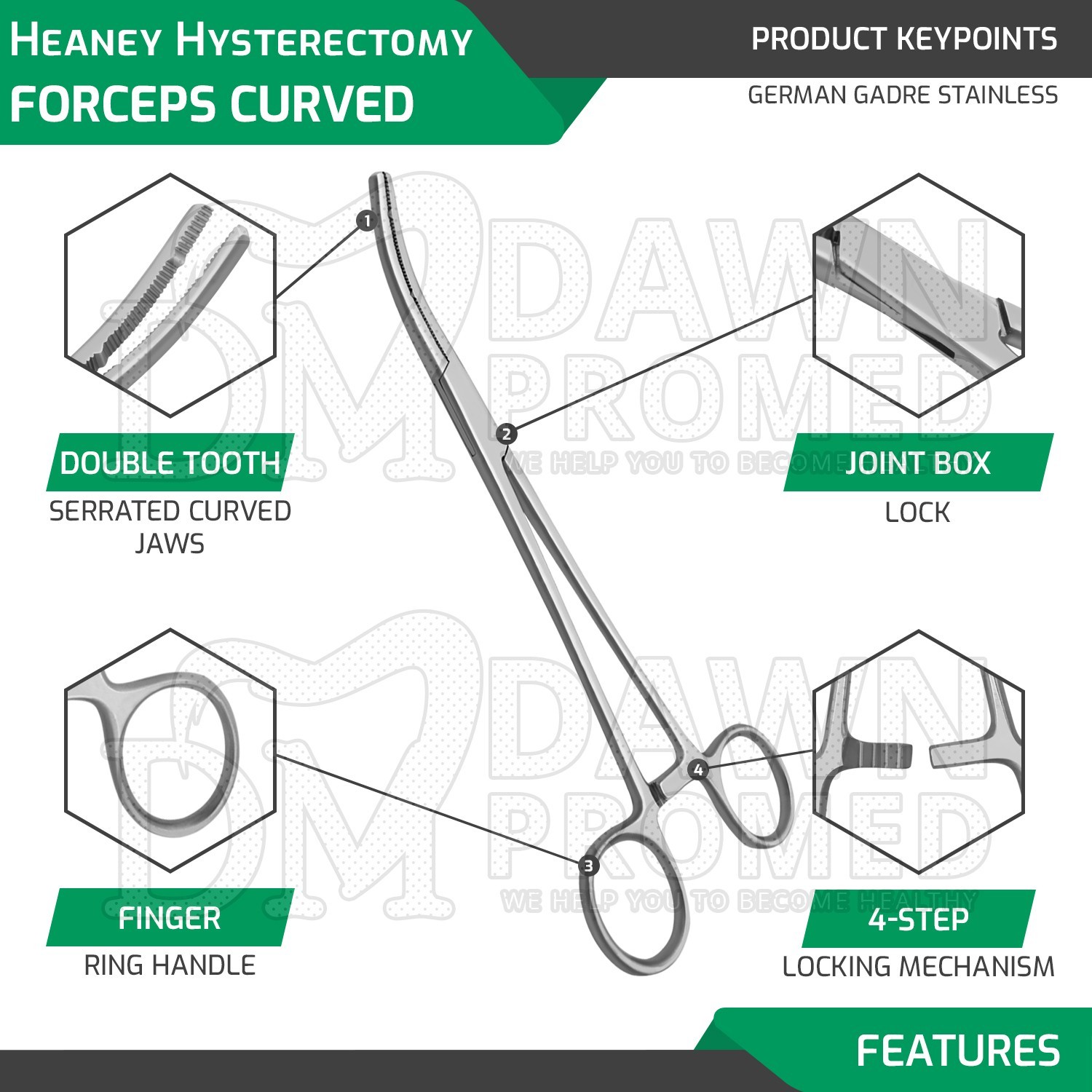 3 Heaney Hysterectomy Forceps Curved 8.5″ Double Tooth OB/GYN Inst German Grade