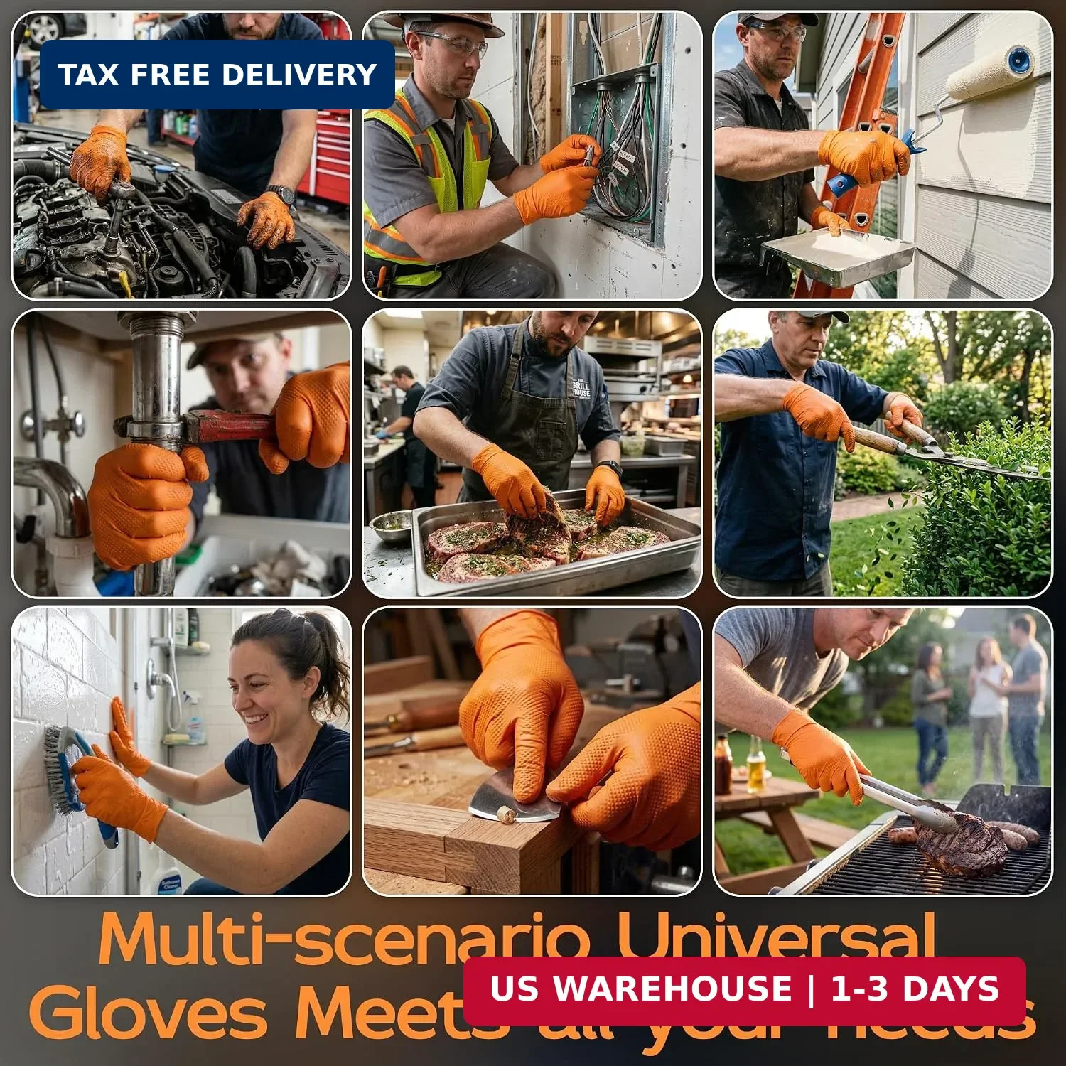 HEAVY DUTY 8 Mil Orange Nitrile Gloves, Diamond Textured Disposable Industrial M