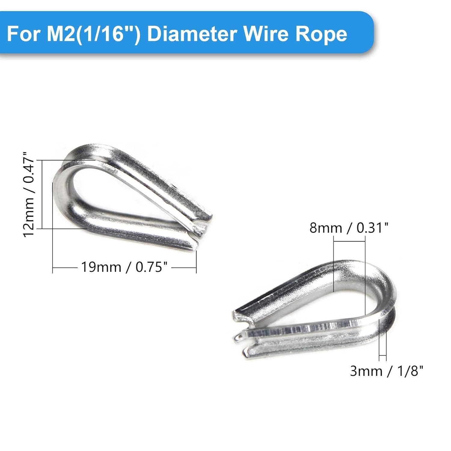 50 Pcs 1/16″ M2 Stainless Steel Wire Rope Thimbles for Cable Rope Thimble Rigg