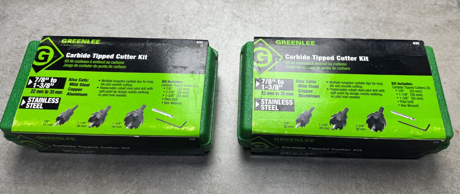 Greenlee 635 7/8″, 1-1/8″, 1-3/8″ Cutterheads; Pilot Drill, Hex Key and Case