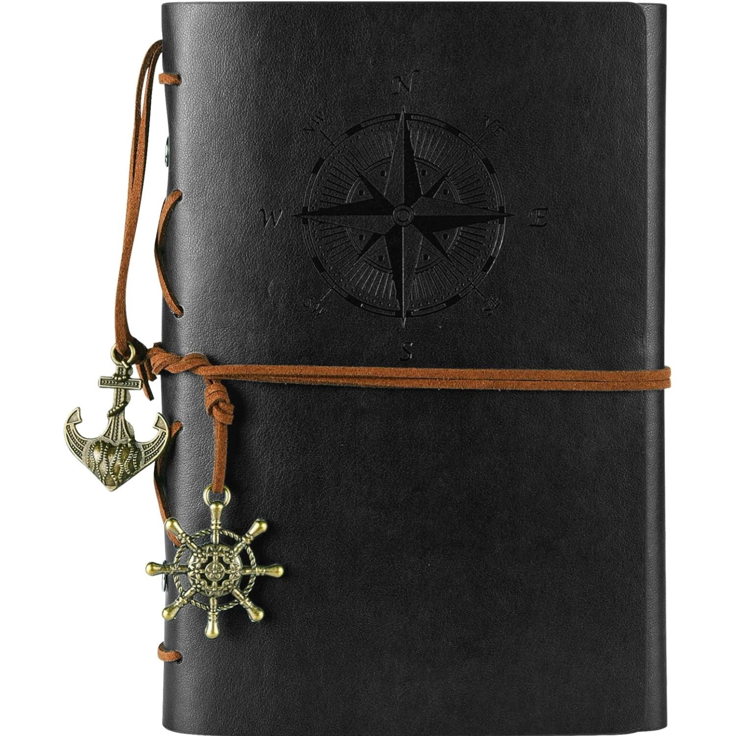 Leather Journal Notebook Black, Spiral Refillable Travel Diary 160 Pages
