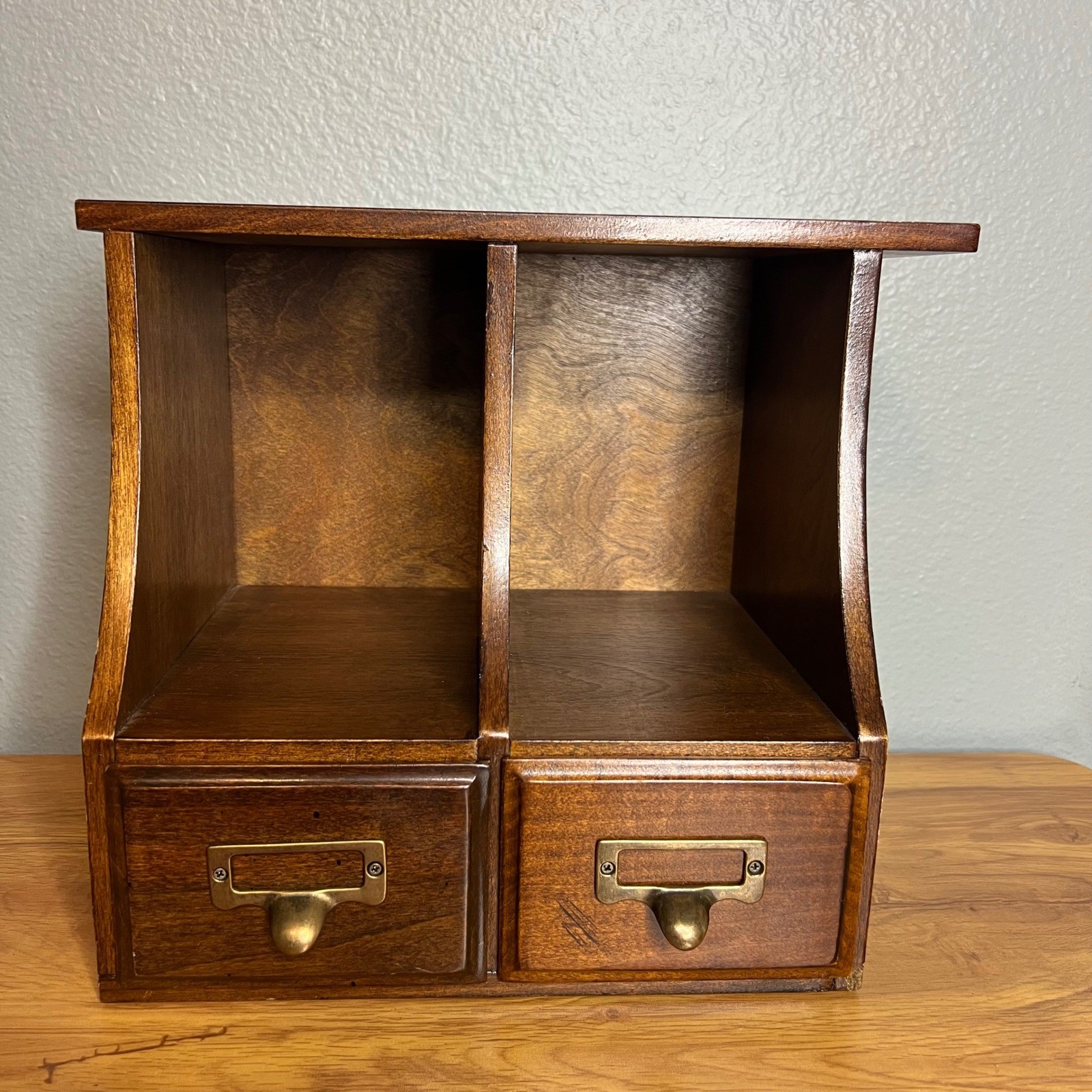 Vintage 2 Drawer Desktop Organizer w/ File Drawers Wooden Library Rustic 10.25″