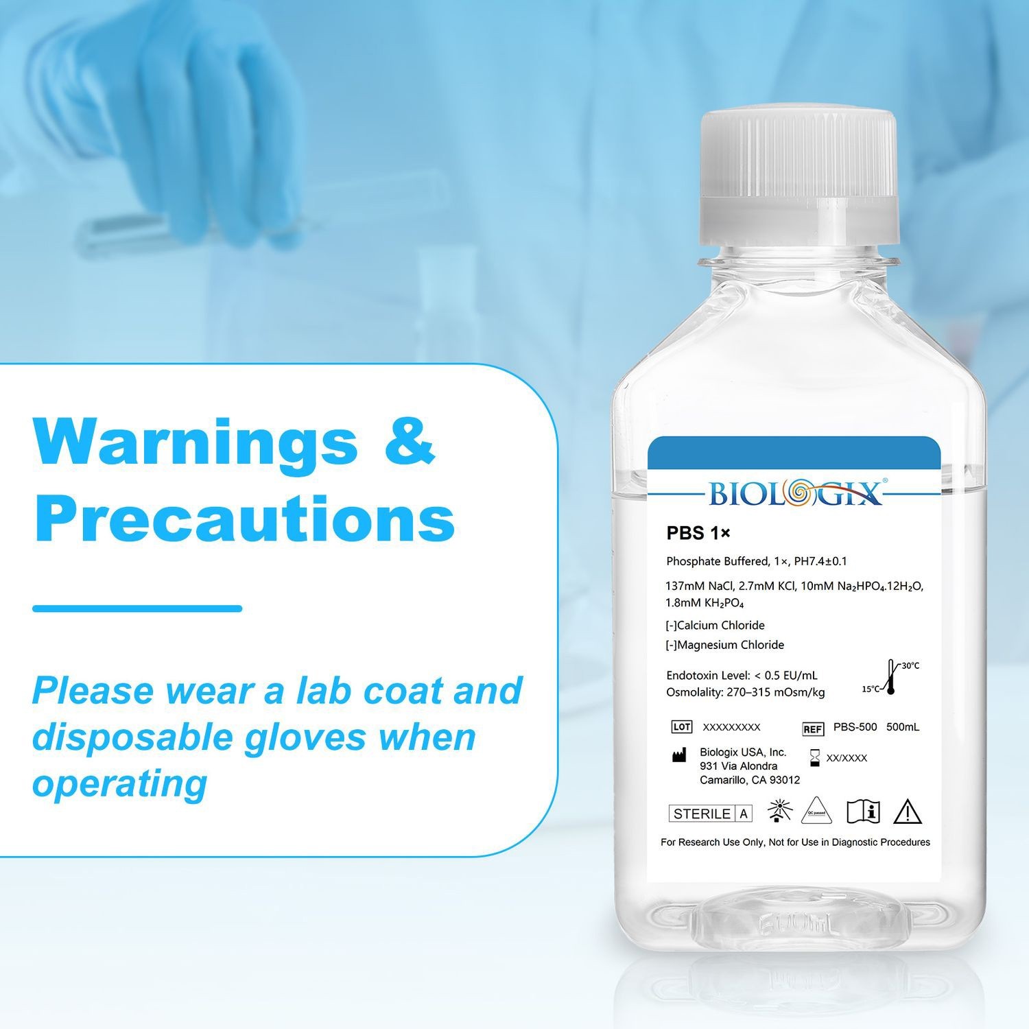 Biologix® PBS Buffer (1×), pH7.4, Low Endotoxin, 500mL/Bottle, 10 Bottles/Case