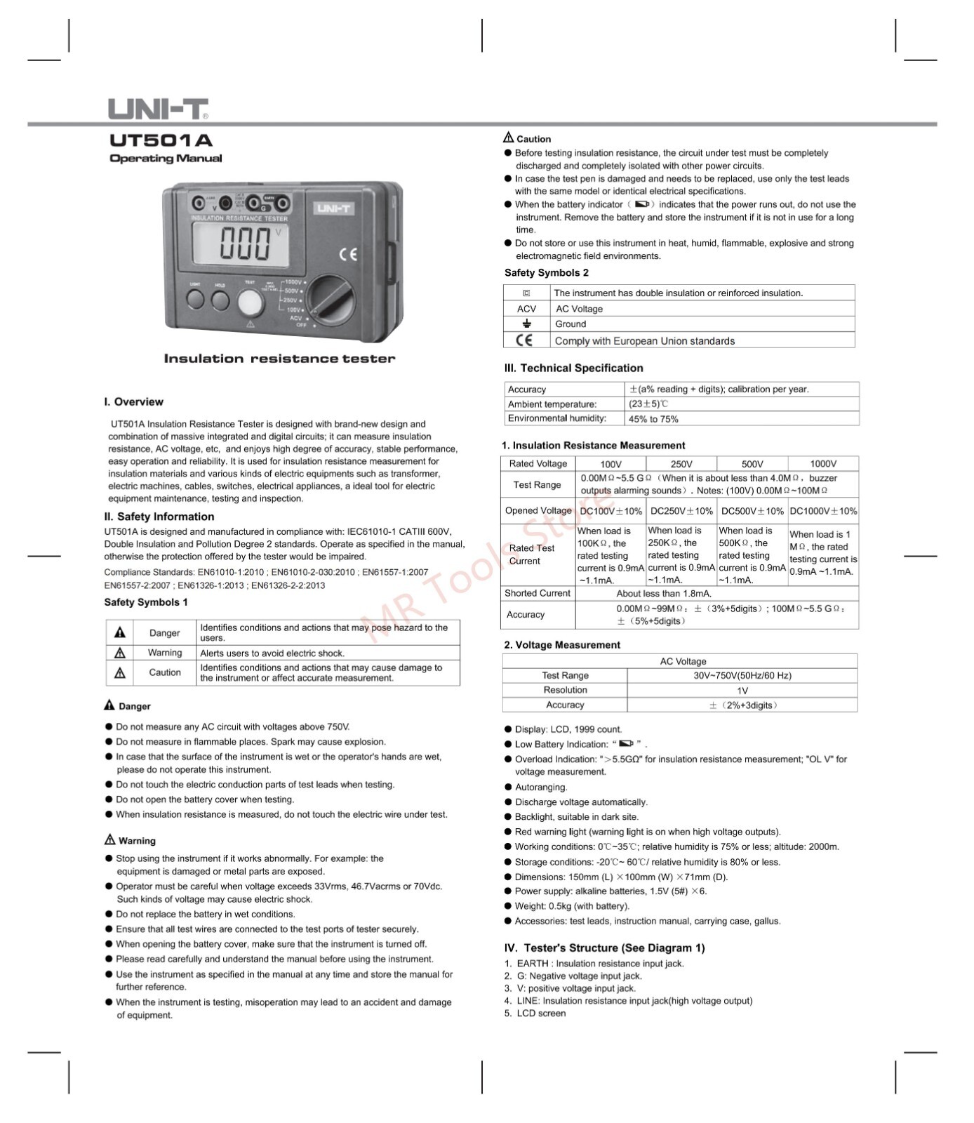 UNI-T UT501A Megohmmeter Digital Insulation Resistance Tester Voltmeter 600V 5GΩ