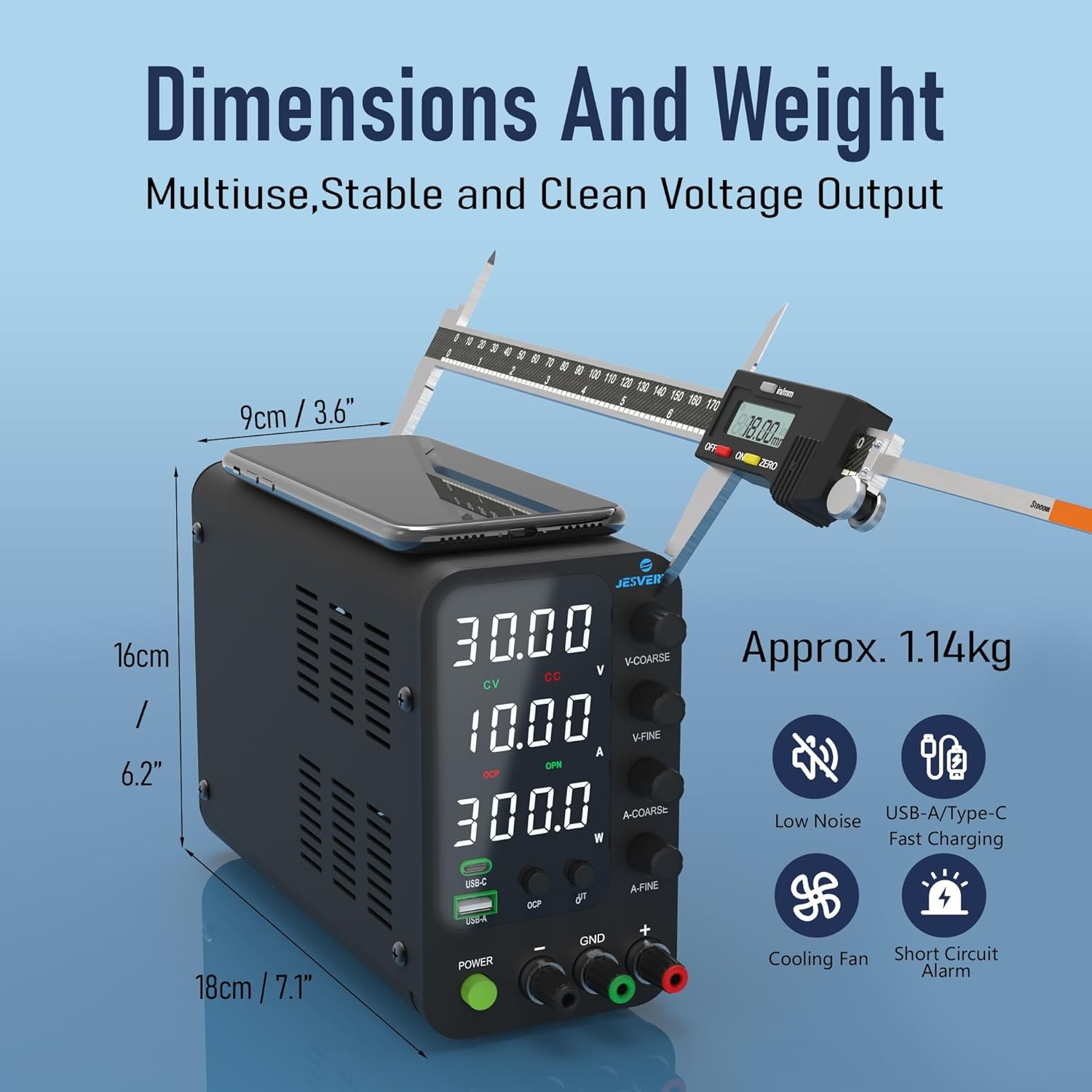 DC Power Supply Variable, 0-32V 0-10A Switching Bench Power Supply with 20W USB