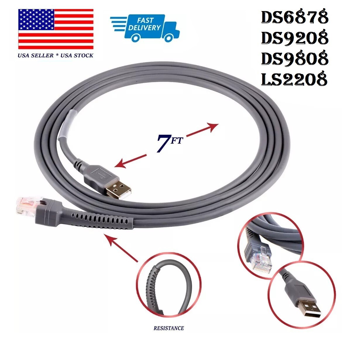 Barcode Scanner 7ft USB Cable for Symbol LS2208 LS4208 DS9208 CBA-U01-S07ZAR