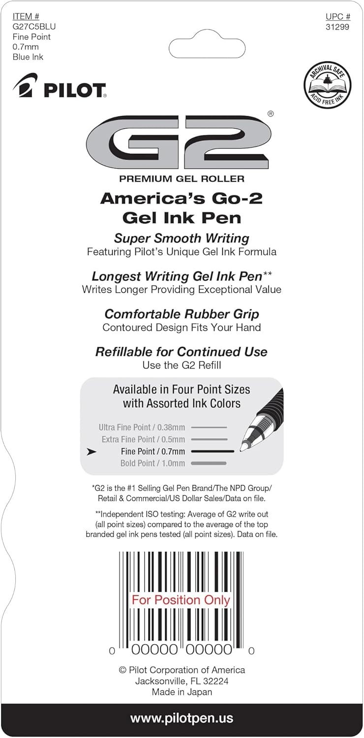 Pack of 5 G2 Gel Roller Pens – Refillable 0.7mm Fine Blue Ink for Everyday Use