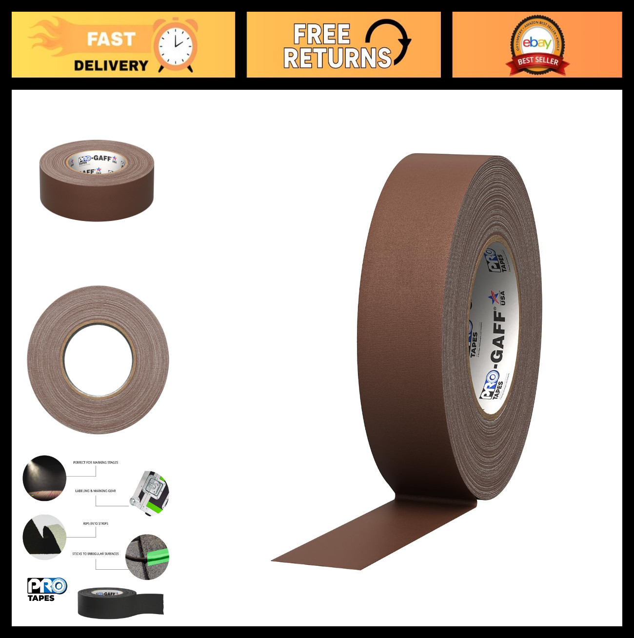 Premium Matte Gaffer’s Tape, 2″ x 55 yds, Rubber Adhesive, 11 mil Thick, Brown
