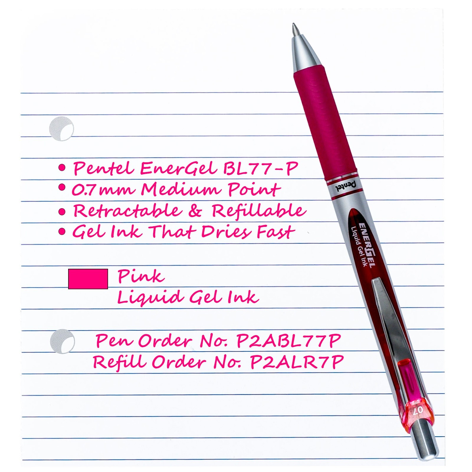 Pentel EnerGel RTX Pink Liquid Gel Ink, 0.7mm, 3 Pens with 5 Packs of Refills