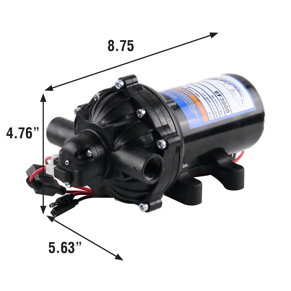 Everflo EF3000 12V Diaphragm Sprayer Pump – 3.0GPM, 60 PSI Max, 1/2″ FNPT Ports