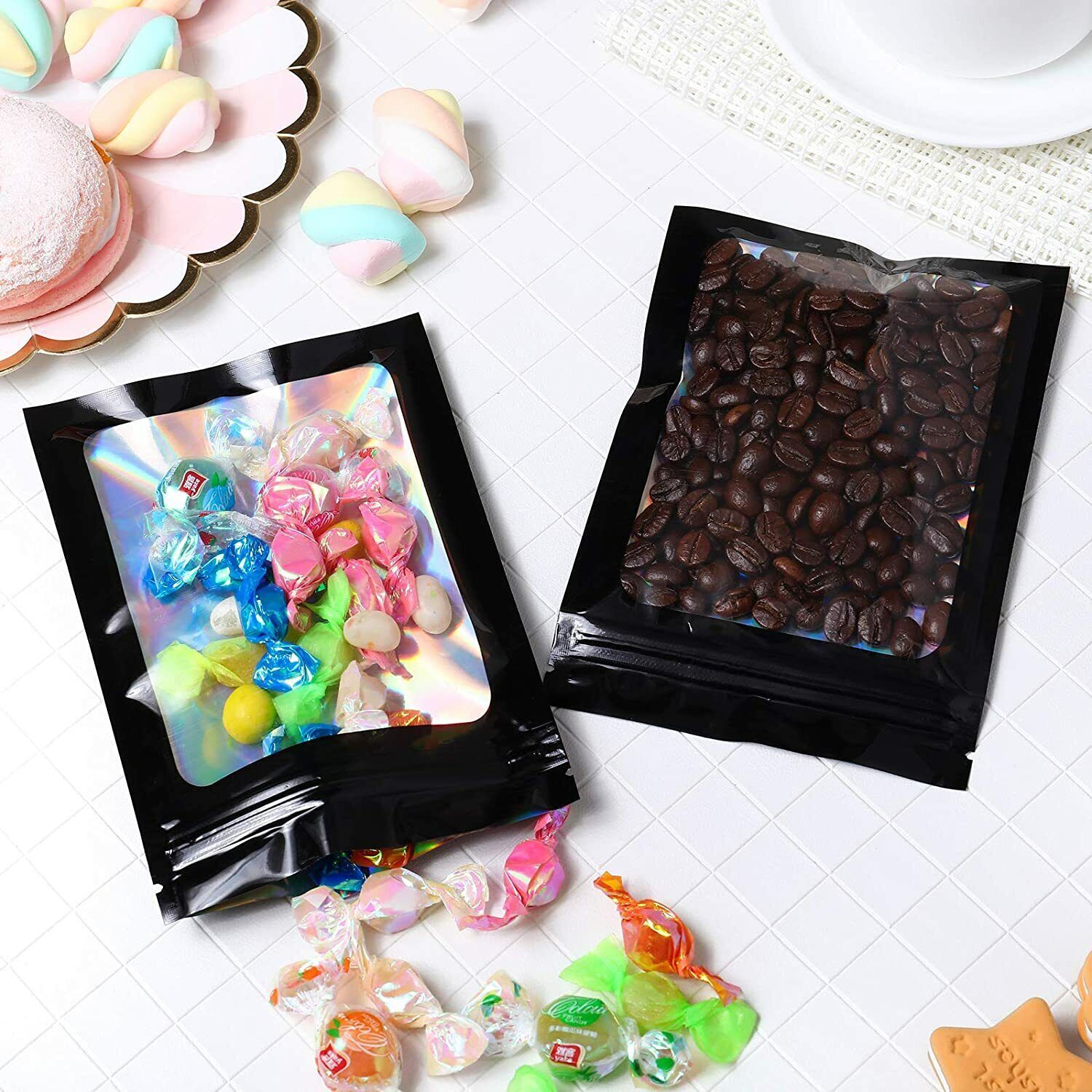 100/200 Holographic Mylar Foil Bags Smell Proof Resealable Zip Pouches Black