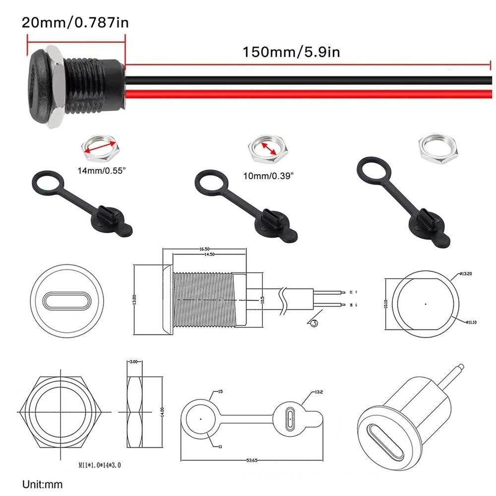 10x Type-C Female Chassis 2 Pin Wire Waterproof USB C Pigtail Cable Socket C605