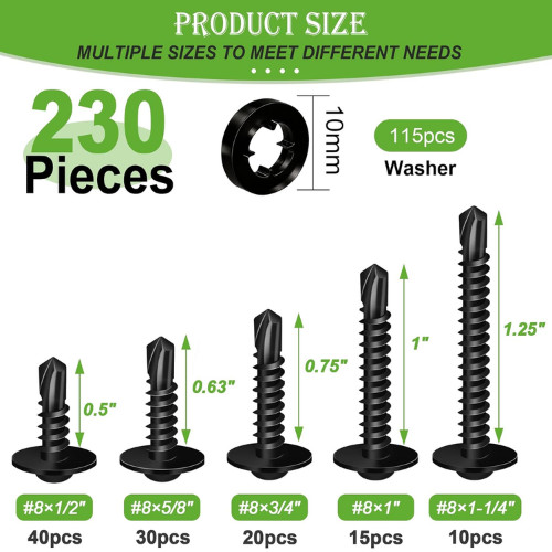 230PCS #8 Self Tapping Screws,410 Stainless Steel Self Tapping Screws for Metal,