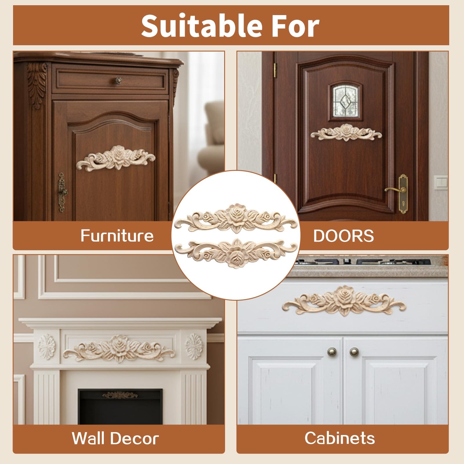 4pcs Wood Appliques Onlays Decorative Wooden Applique for Furniture Long Wood…