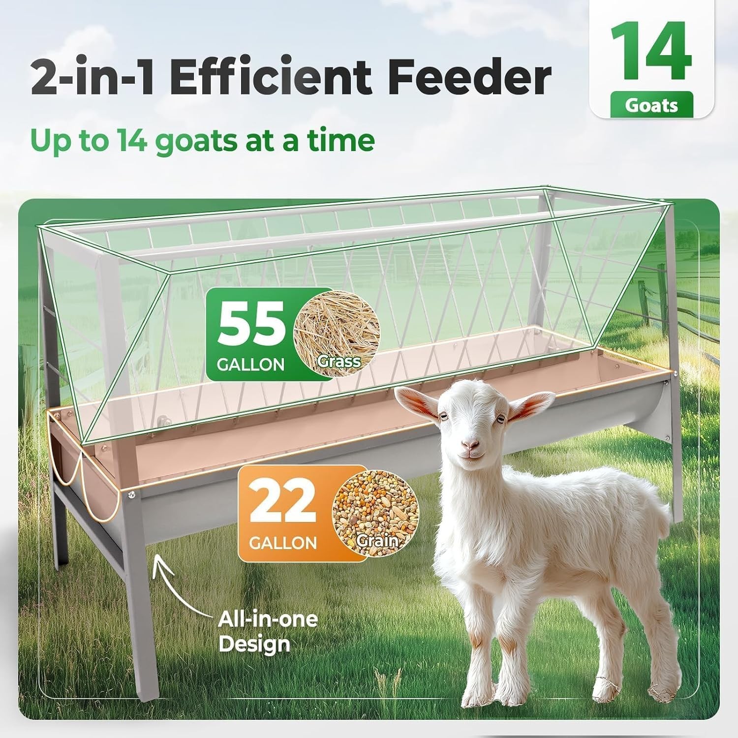 Pasture Hay Feeder 2 in 1 55 Gallon Livestock Feed Trough with 22 | Gallon Feed
