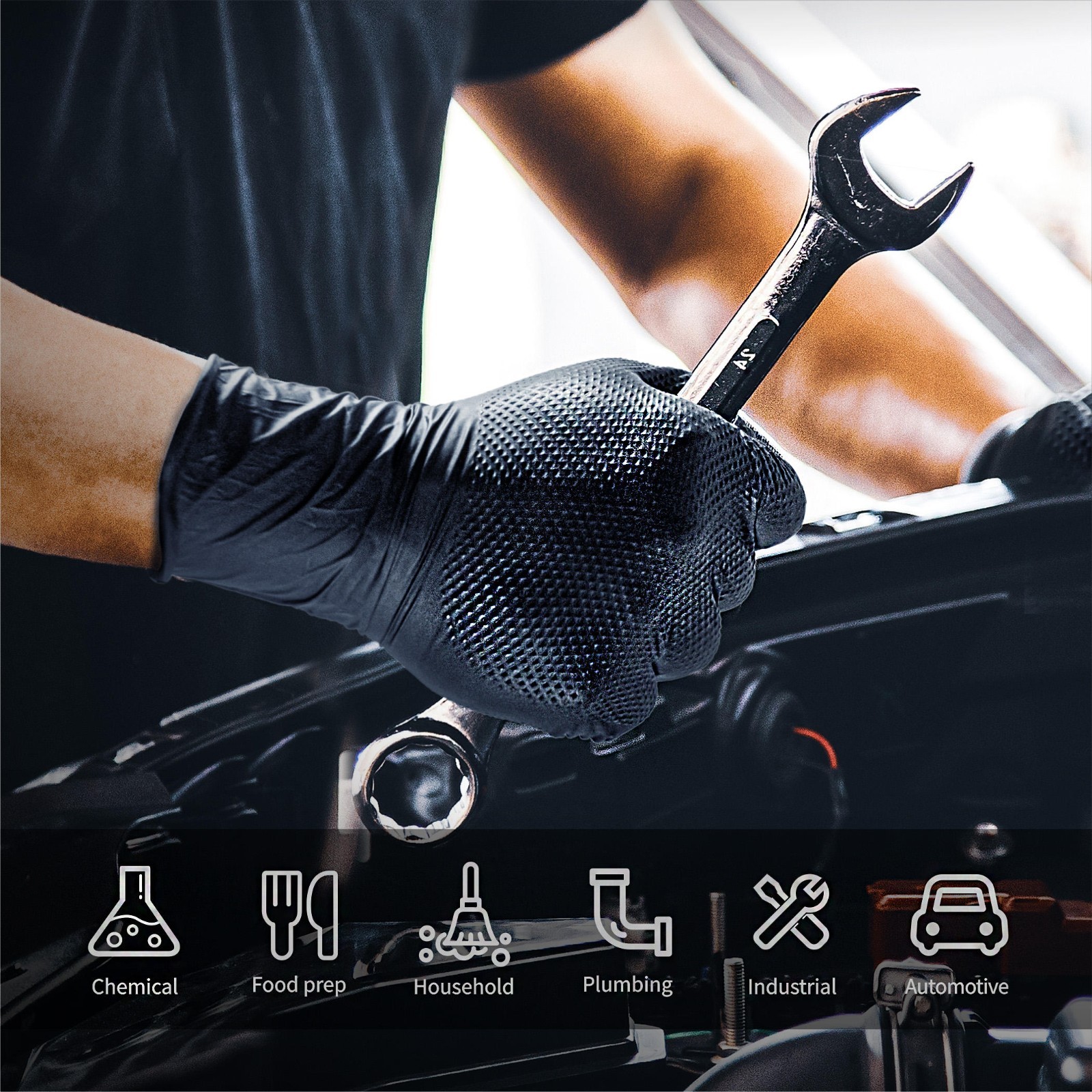 Black/Orange Nitrile Rubber Gloves 8-10 Mil Raised Diamond Texture 100 per box